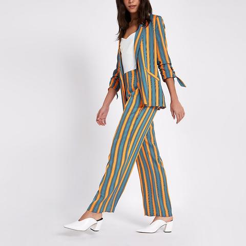 Blue Stripe Print Wide Leg Trousers 
