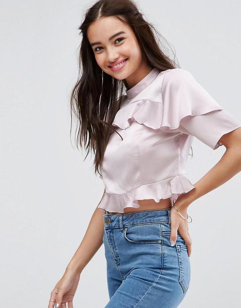 Asos - Top Corto Con Collo Alto E Volant - Grigio