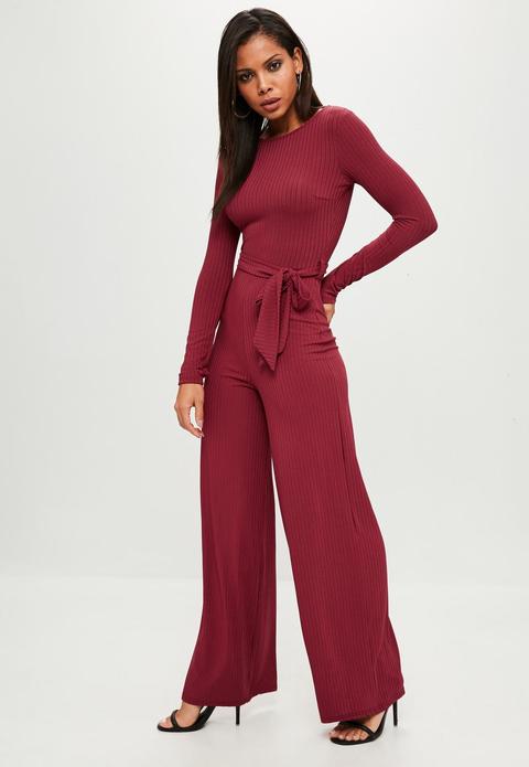 Burgundy Tie Waist Wide Leg Jumpsuit, Purple