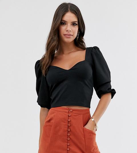 Asos Design Tall - Top Nero Con Scollo A Cuore E Maniche Voluminose - Nero