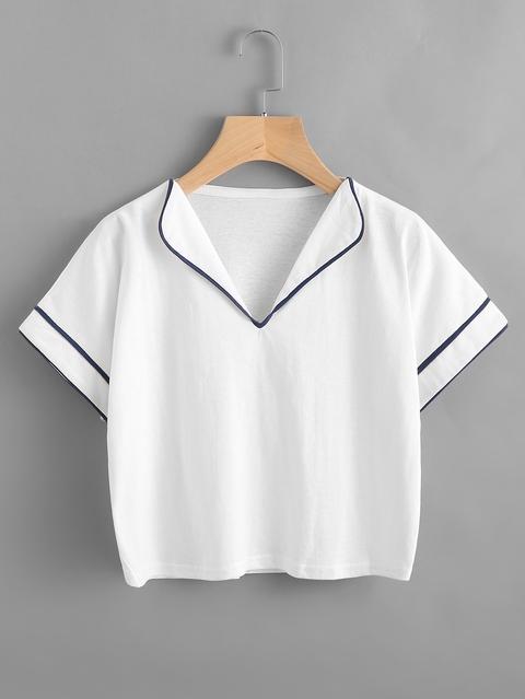 Fold Over Neck Contrast Trim Tee