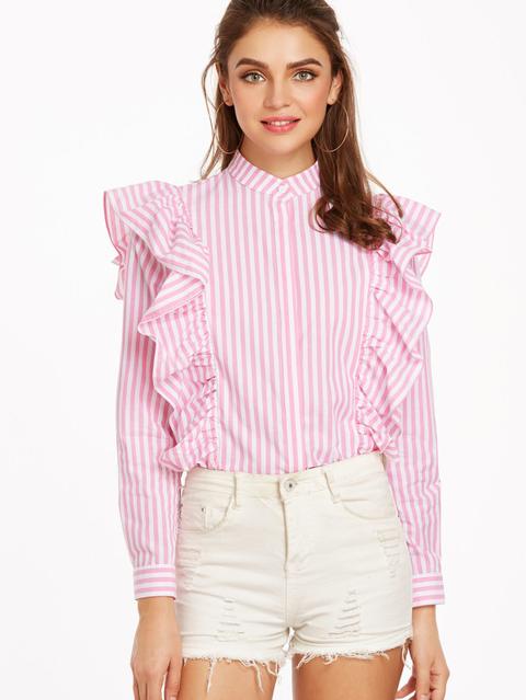 Blusa A Rayas Con Volantes Y Botones Ocultos - Multicolor