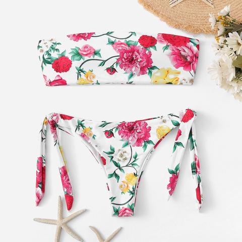 Set De Bikini Con Cordón Lateral Con Patrón Al Azar