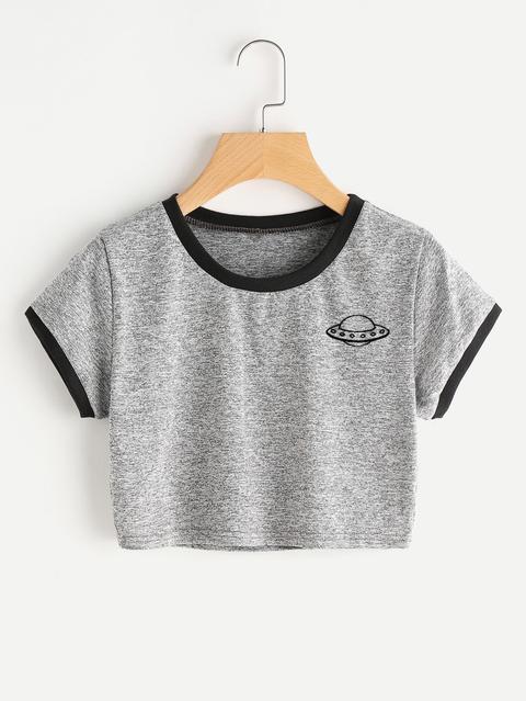 Planet Print Contrast Trim Crop Tee