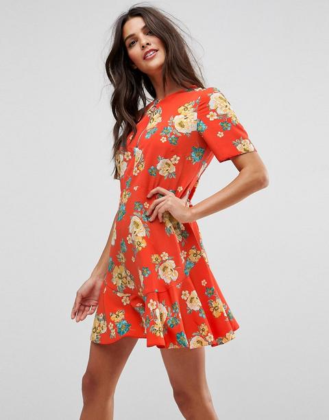 Vestido Rojo Con Estampado Floral Y Cintura Baja De Asos