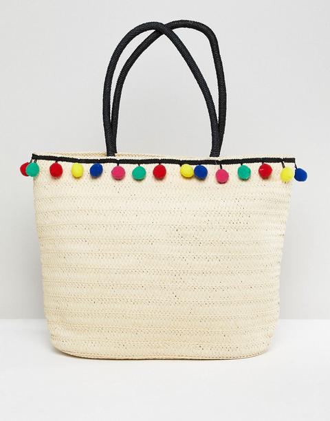 7x - Borsa Da Mare Di Paglia Con Pompon - Beige