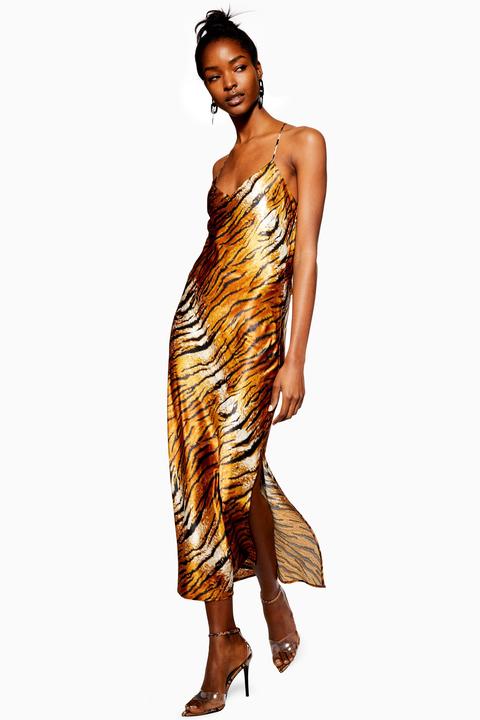 Womens Tiger Satin Slip Dress - Brown, Brown