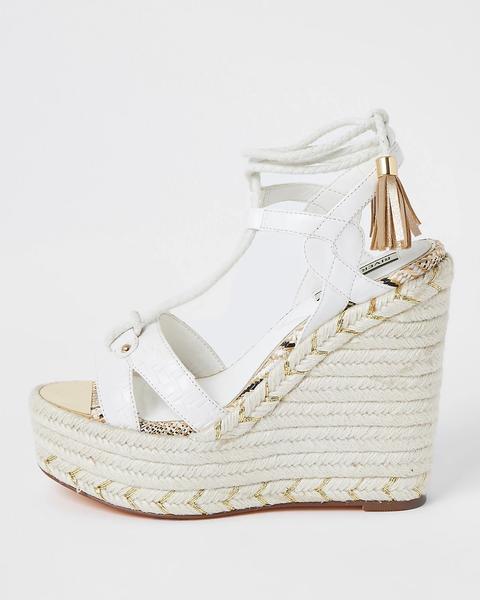 White Tie Up Open Toe Wedge