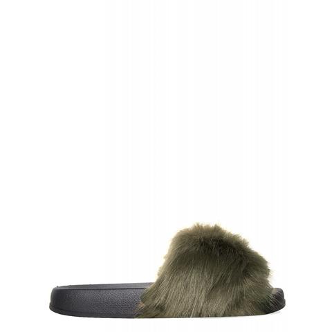 Amelia Khaki Fluffy Sliders