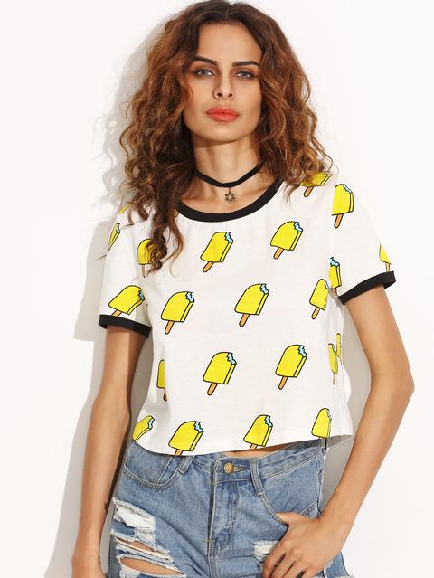 Beige Contrast Collar Ice-cream Printed Crop T-shirt