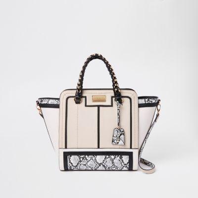 Beige Snake Print Contrast Winged Tote Bag