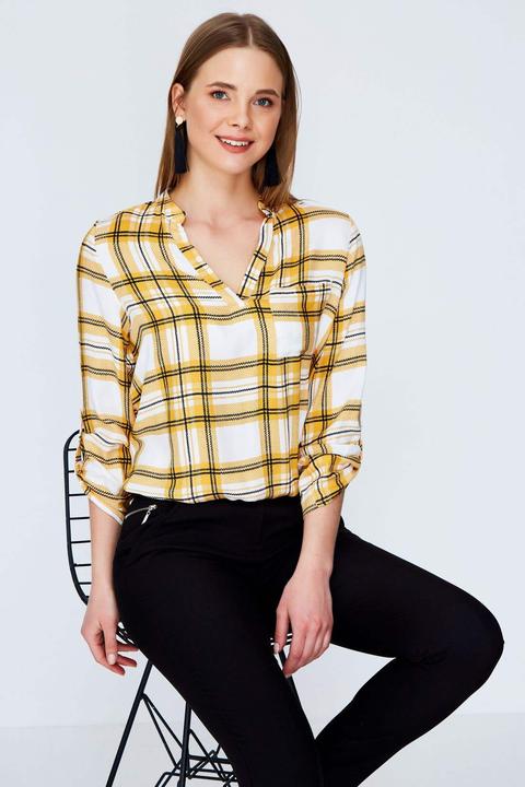 Mustard Double Check Elasticated Blouse