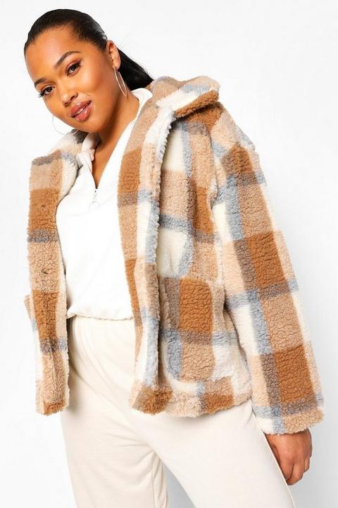 Womens Plus Check Teddy Faux Fur Button Up Coat - Brown - 22, Brown