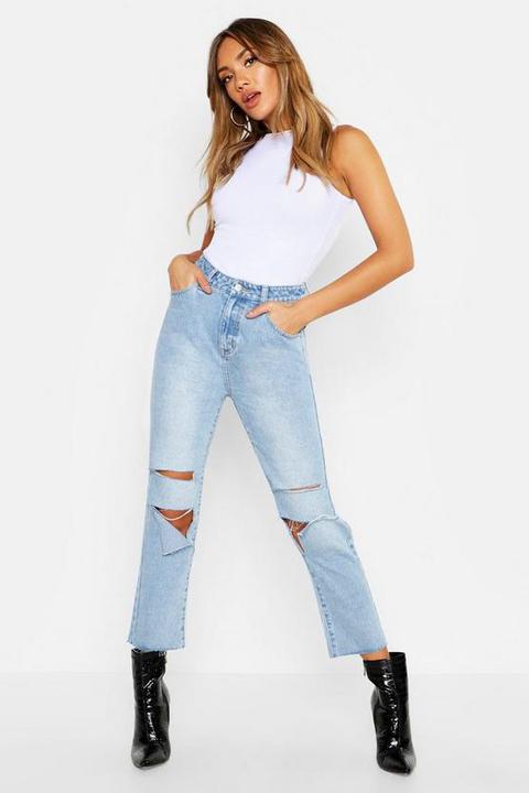 High Rise Ripped Denim Straight Leg Jean