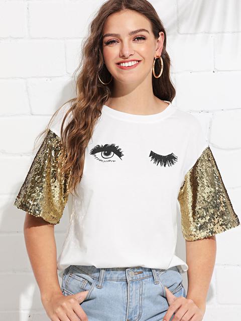 T-shirt Con Stampa Occhiolino Stropicciata Con Paillettes