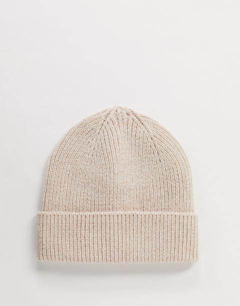 Asos Design Fisherman Rib Beanie Hat In Recycled Polyester In Beige-neutral