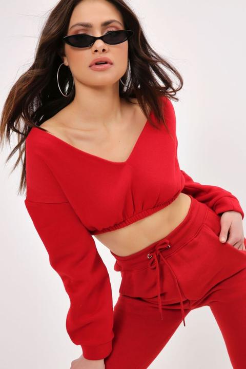 Red Off Shoulder Cropped Sweater