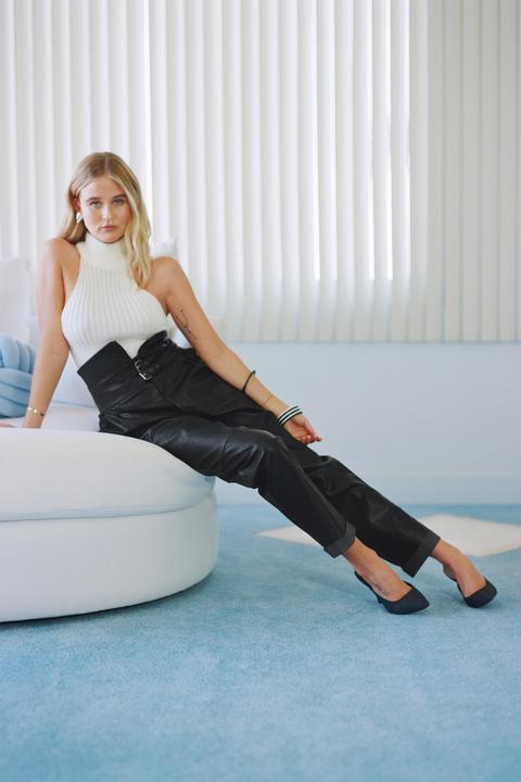 Womens Pantalon Taille Haute En Similicuir Accroche Bien Ta Ceinture - Noir - 34, Noir