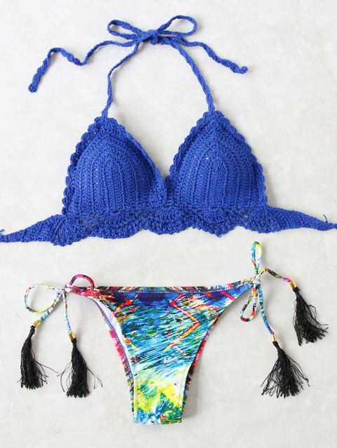 Blue Printed Knit Bikini Set With Tassel Tie