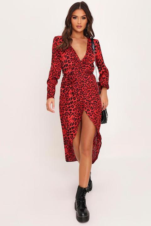 Red Woven Leopard Print Wrap Front Midi Dress