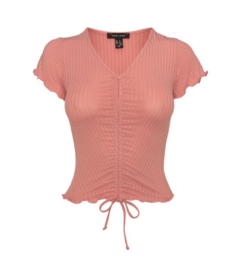 Pink Ribbed Ruched Tie Front Top New Look