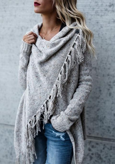 Grey Irregular Tassel Wrap Long Sleeve Casual Cardigan Coat