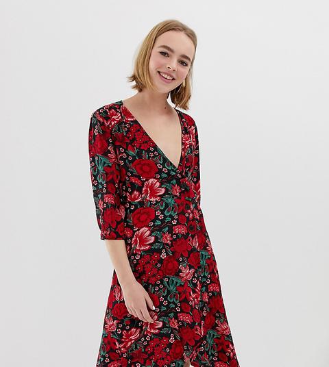 Vestido Cruzado En Estampado Floral Con Botones En Rojo De Monki-multicolor
