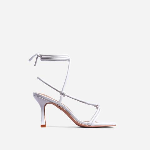 Priya Square Toe Lace Up Heel In White Faux Leather, White