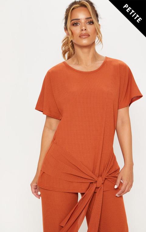 Petite Rust Ribbed Wrap Detail T-shirt