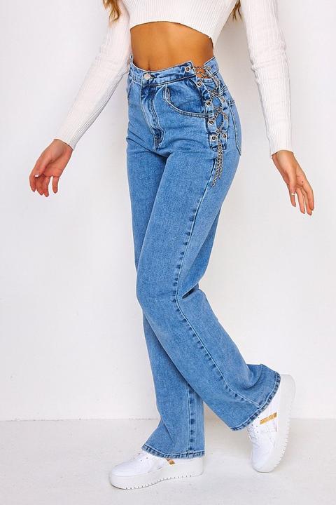 Jeans Bleu Clair Coupe Droite Ample Avec Chaine