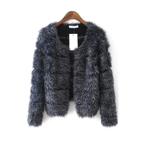 Grey Long Sleeve Striped Faux Fur Coat