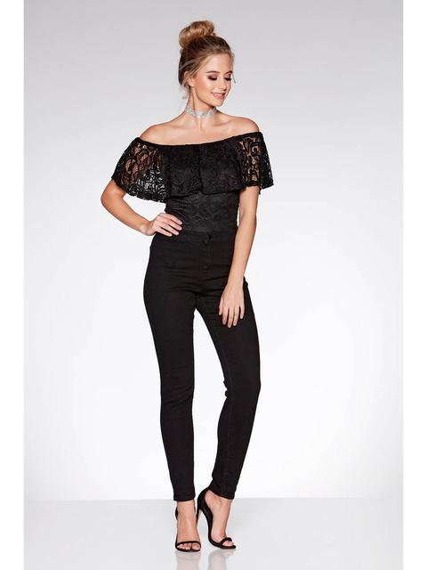 Black Lace Frill Bardot Bodysuit