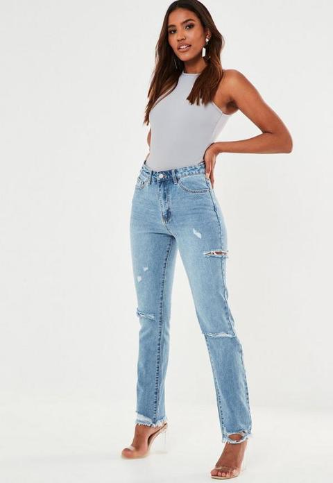 Petite Blue Slim Straight Highwaisted Thigh Slash Jeans, Blue