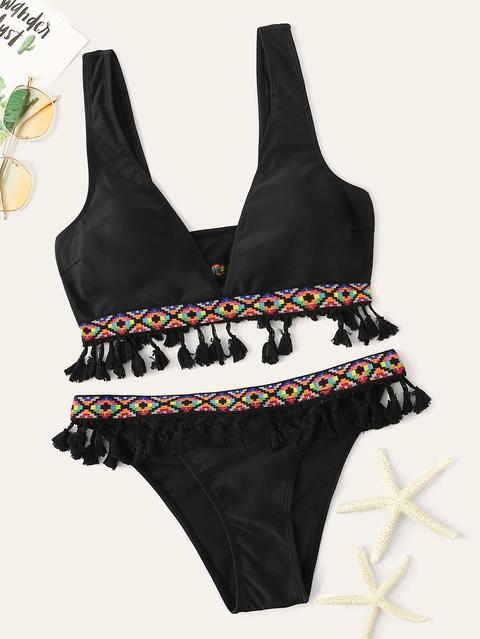 Set Bikini Top Con Nappa Con Frange E Ricami