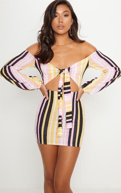 Multi Stripe Print Tie Front Bodycon Dress