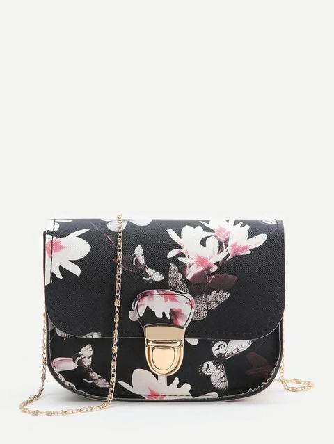 Bolso Con Cadena Y Estampado De Flor - Negro