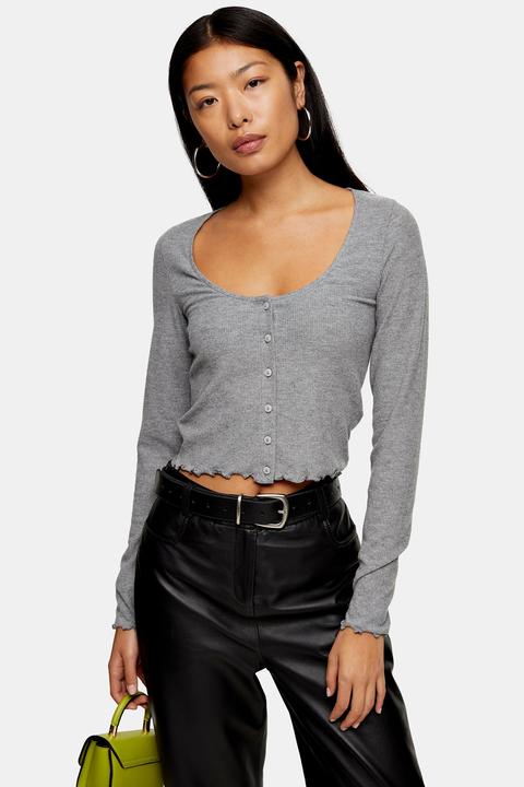Womens Grey Long Sleeve Button Top - Grey, Grey