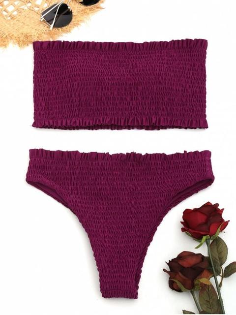 Conjunto De Bikini Bandeau Con Volantes Fruncidos Purplish Red