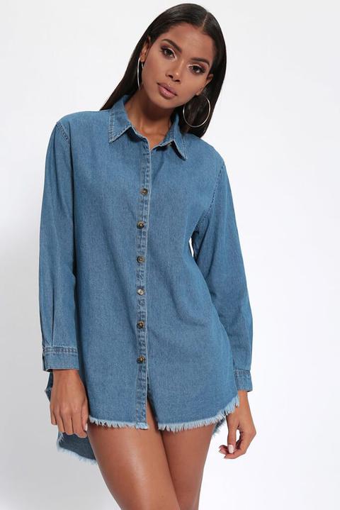 Mid Wash Oversized Raw Hem Denim Shirt Dress