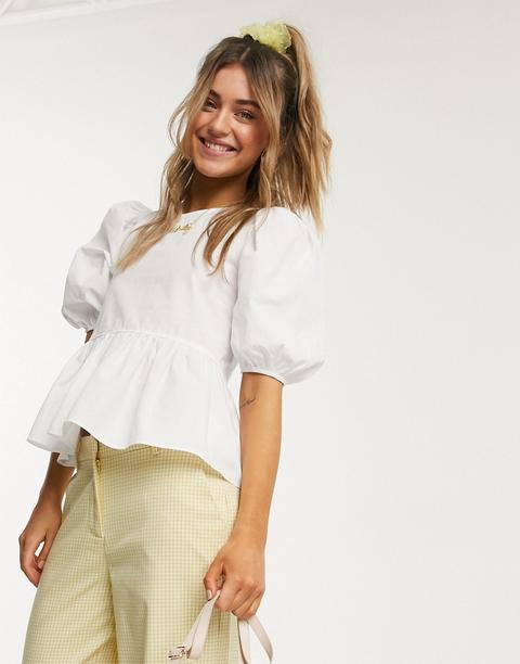 Monki Melina Poplin Organic Cotton Puff Sleeve Blouse In White