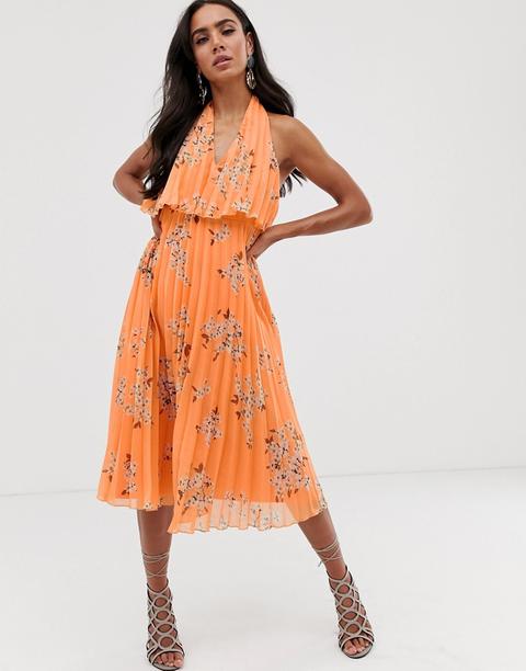 Vestido Midi Con Diseño Plisado De Canesú De Doble Capa Y Cuello De Pico En Estampado Floral Naranja De Asos Design-multicolor