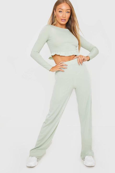 Green Trousers - Demi Jones Sage Ribbed Wide Leg Trousers