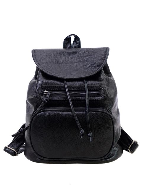 Faux Leather Drawstring Flap Backpack - Black