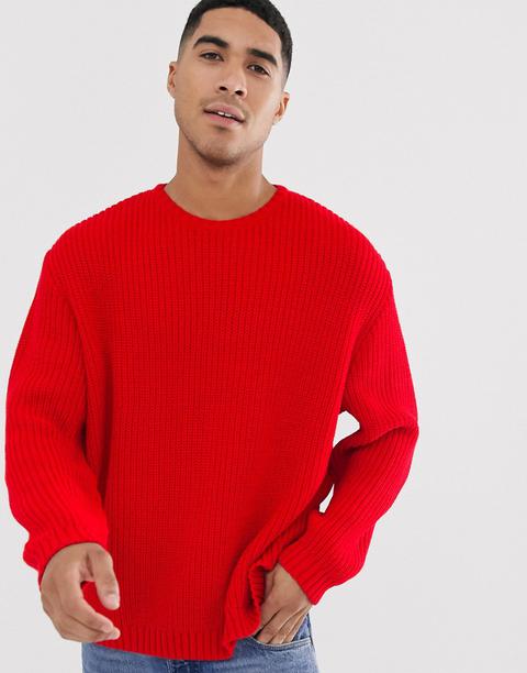 Asos Design Oversized Fisherman Rib Jumper In Red