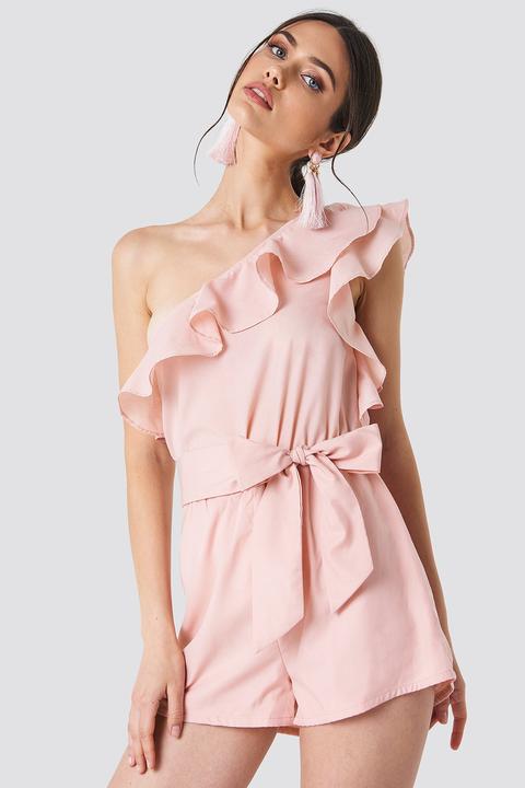 One Shoulder Frill Playsuit Pink