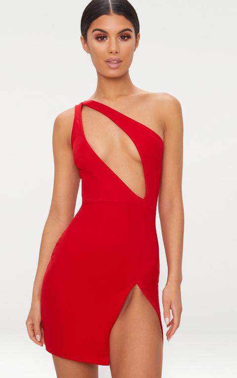 Red One Shoulder Extreme Split Detail Bodycon Dress