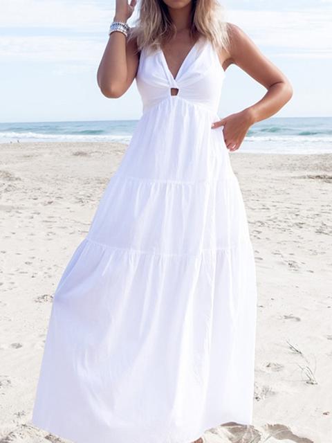 Maxi Dress Drappeggiato Scollo All'americana Con V-collo V-collo Elegante Bianco