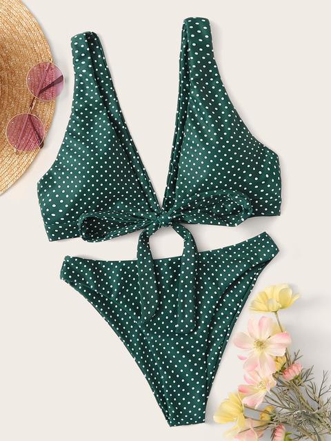 Top De Cuello Profundo Con Estampado De Lunares Con Bikini Cortado Alto