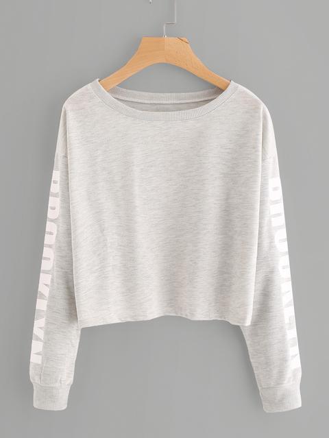 Drop Shoulder Letter Print Marled Crop Sweatshirt