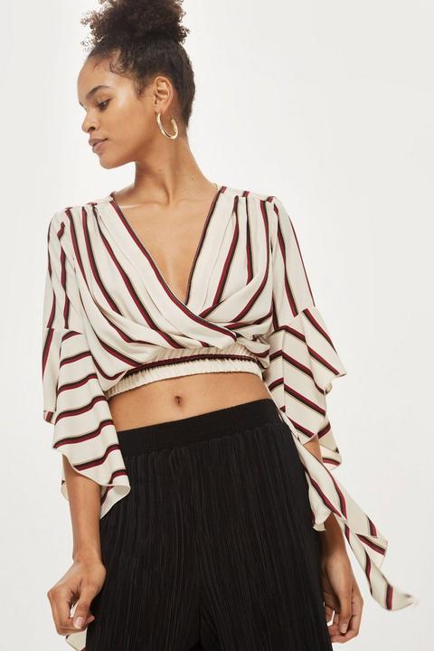 **stripe Frill Sleeve Crossover Top By Love